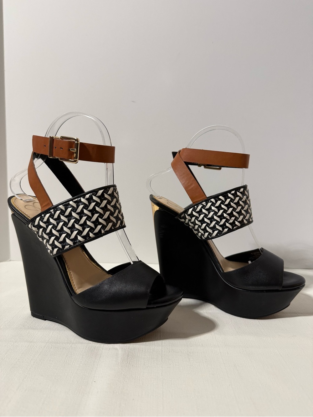 Jessica Simpson Elia Black Cognac Woven Platform Wedge Sandals Size 6.5